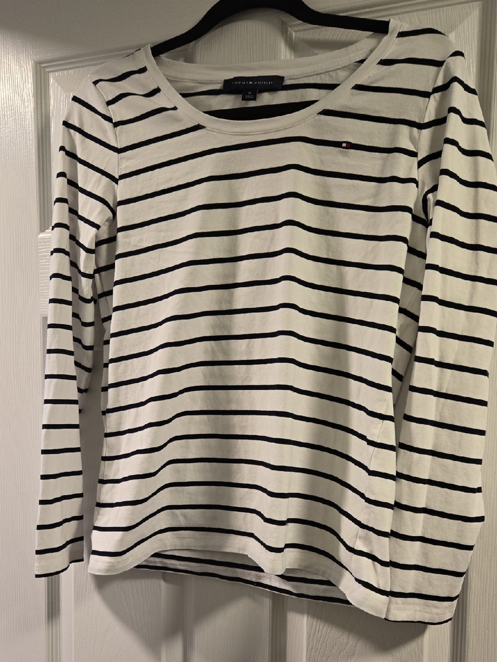 Tommy Hilfiger White and Black Striped Long Sleeve Tee